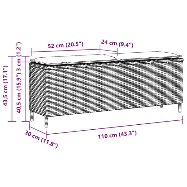 vidaXL Trädgårdsbänk med dyna svart 110x30x40,5 cm konstrotting