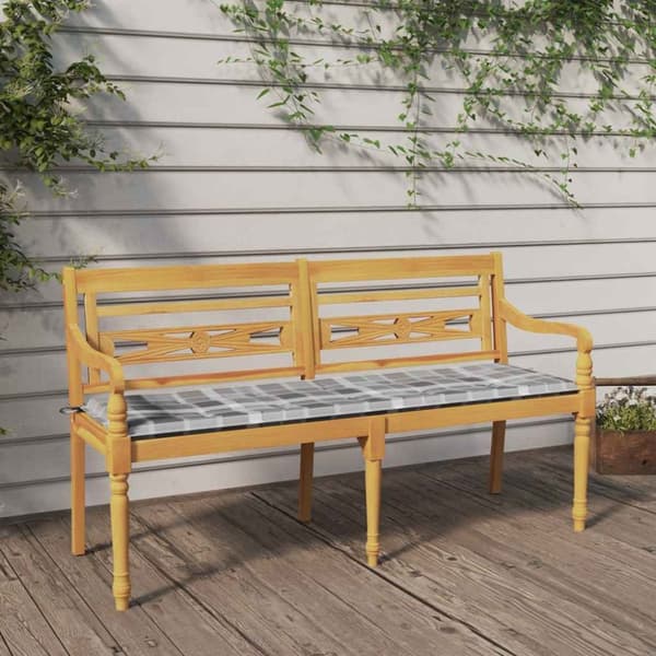 Bataviabänk med grårutig dyna 150 cm massiv teak