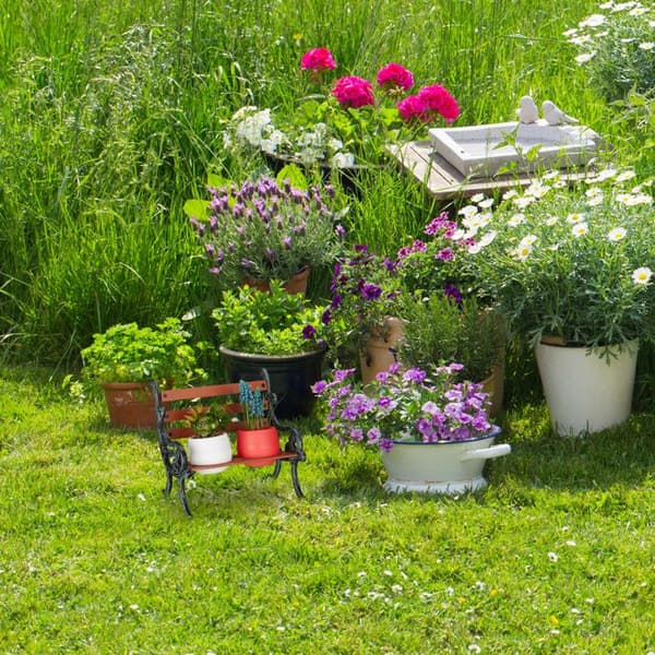 Relaxdays blomsterbänk, gjutjärn och trä, växtstöd för blomkrukor, olika dimensioner, brun/grön-grå