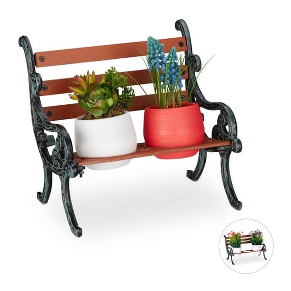 Relaxdays blomsterbänk, gjutjärn och trä, växtstöd för blomkrukor, olika dimensioner, brun/grön-grå