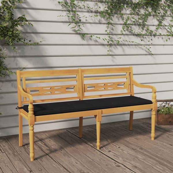 Bataviabänk med svart dyna 150 cm massiv teak