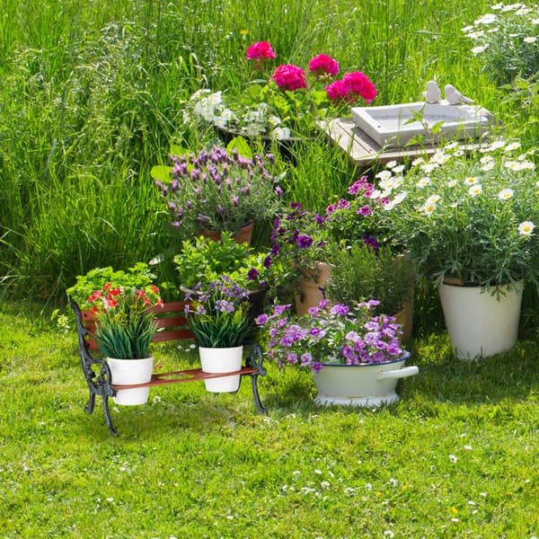 Relaxdays blomsterbänk, gjutjärn och trä, växtstöd för blomkrukor, olika dimensioner, brun/grön-grå