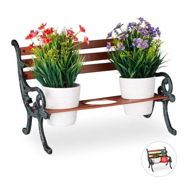 Relaxdays blomsterbänk, gjutjärn och trä, växtstöd för blomkrukor, olika dimensioner, brun/grön-grå