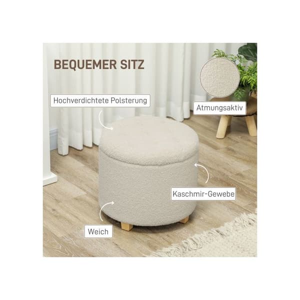 HOMCOM Bänk med förvaringsutrymme, träram Ø45 x 41 cm, färg crème