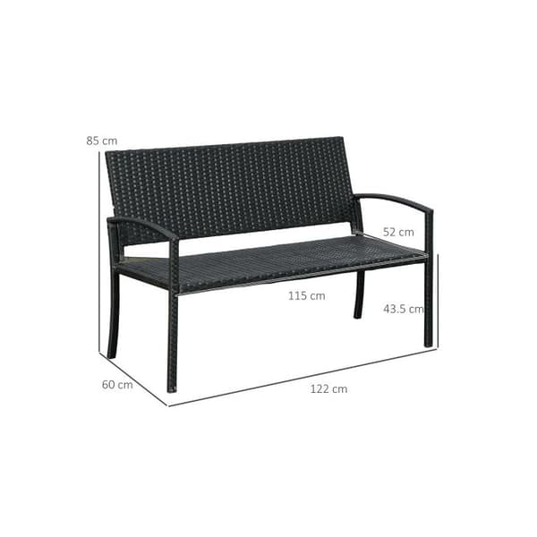 Bänkbord Outsunny i polyrattan Parkbänk för 2 personer med stålkonstruktion och svart tyg L 122 x B 60 x H 87 cm