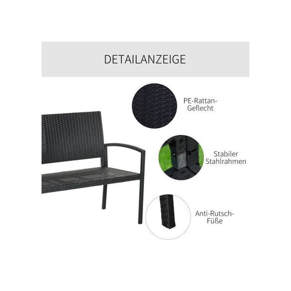 Bänkbord Outsunny i polyrattan Parkbänk för 2 personer med stålkonstruktion och svart tyg L 122 x B 60 x H 87 cm