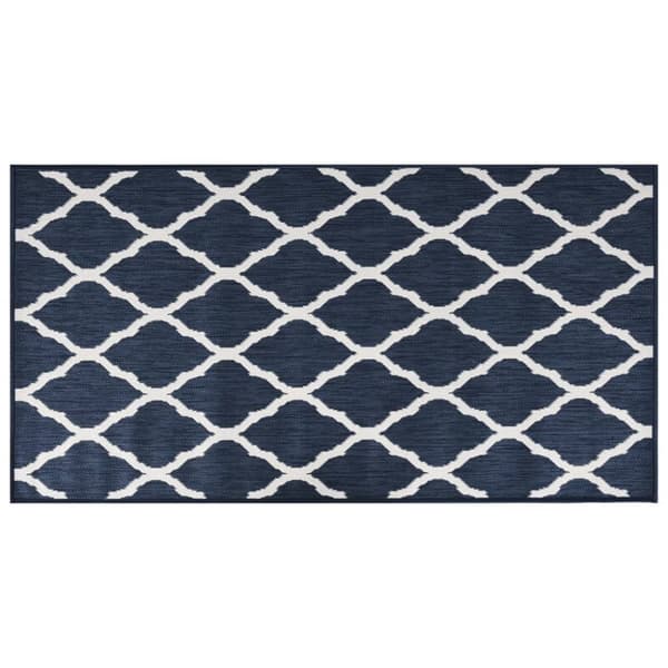 udendørs gulvtæppe 80x150 cm vendbart design marineblå og hvid