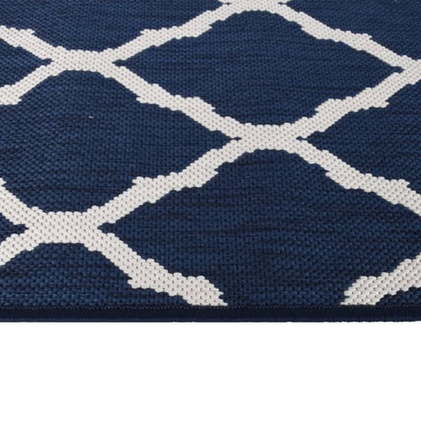 udendørs gulvtæppe 80x150 cm vendbart design marineblå og hvid