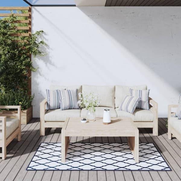 udendørs gulvtæppe 80x150 cm vendbart design marineblå og hvid
