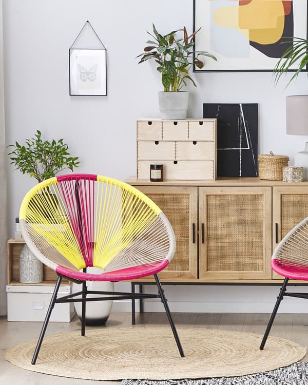 Havestole Lyserød Gul Beige Rattan Pulverlakeret Stålben Sæt 76 x 85 cm Udendørs Altan Stabelbar med Dupper Retro Rundt Flet Moderne Design