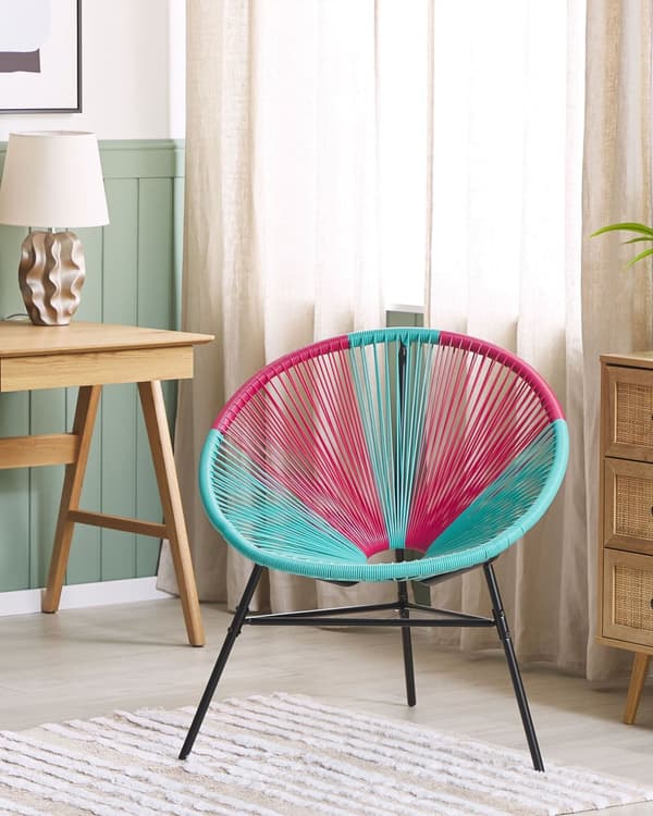 Havestol Lyserød Turkis Rattan Sort Pulverlakeret Stålben 76 x 85 cm Udendørs Altan Stabelbar Lounge Dupper Retro Rundt Flet Moderne Design
