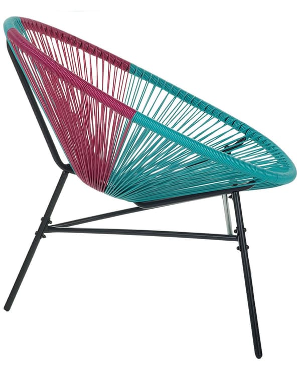Havestol Lyserød Turkis Rattan Sort Pulverlakeret Stålben 76 x 85 cm Udendørs Altan Stabelbar Lounge Dupper Retro Rundt Flet Moderne Design