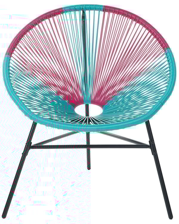 Havestol Lyserød Turkis Rattan Sort Pulverlakeret Stålben 76 x 85 cm Udendørs Altan Stabelbar Lounge Dupper Retro Rundt Flet Moderne Design