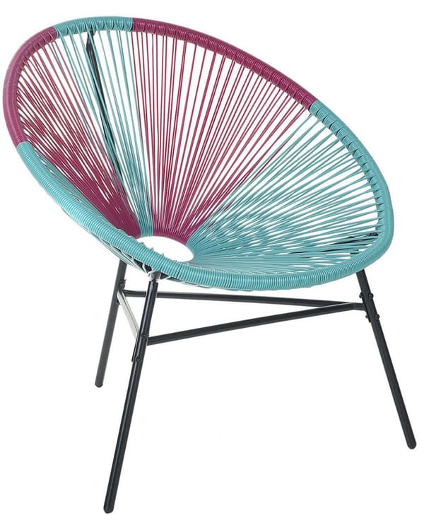 Havestol Lyserød Turkis Rattan Sort Pulverlakeret Stålben 76 x 85 cm Udendørs Altan Stabelbar Lounge Dupper Retro Rundt Flet Moderne Design