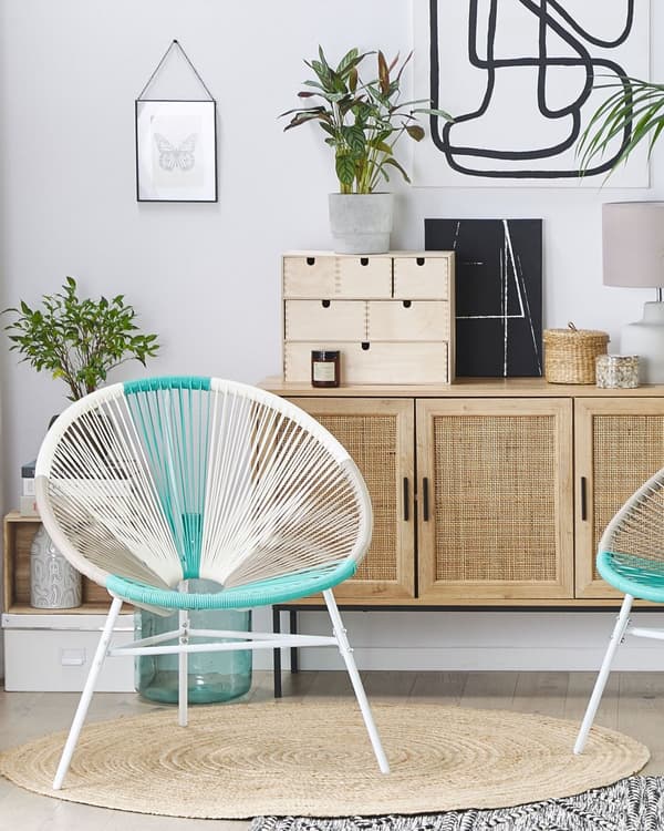 Havestole Hvid Beige Turkis Rattan Pulverlakeret Stålben Sæt 76 x 85 cm Udendørs Altan Stabelbar med Dupper Retro Rundt Flet Moderne Design