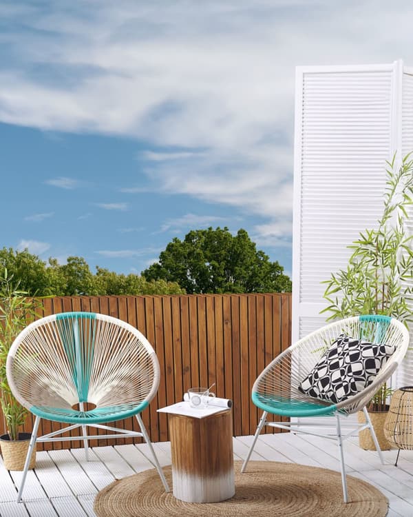 Havestole Hvid Beige Turkis Rattan Pulverlakeret Stålben Sæt 76 x 85 cm Udendørs Altan Stabelbar med Dupper Retro Rundt Flet Moderne Design