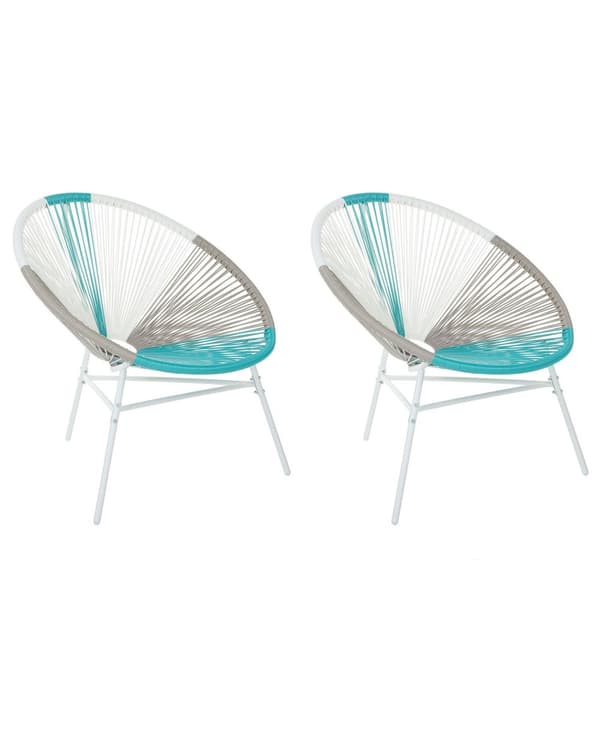 Havestole Hvid Beige Turkis Rattan Pulverlakeret Stålben Sæt 76 x 85 cm Udendørs Altan Stabelbar med Dupper Retro Rundt Flet Moderne Design