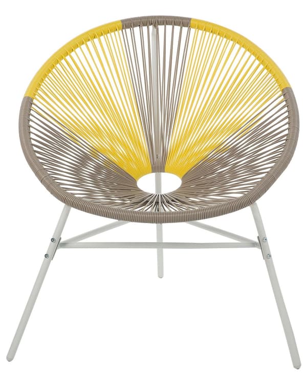 Havestole Beige og Gul Rattan i Hvid Pulverlakeret Stålben Sæt 76 x 85 cm Udendørs Altan Stabelbar med Dupper Retro Rundt Flet Moderne Design