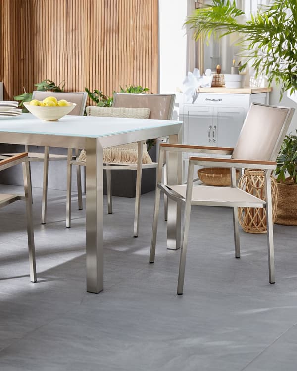 Trädgårdsstol 6 st Beige och Silver Tygsäte Rostfritt Stål Stapelbar Utomhus