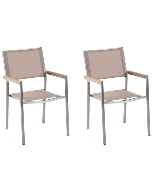 Trädgårdsstol 2 st Beige och Silver Tygsäte Rostfritt Stål Stapelbar Utomhus