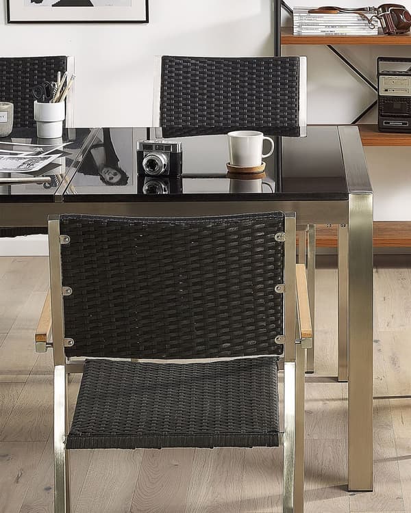 Sæt med 2 Havestole Sort Polyrattan Sæder Stel af Rustfrit Stål Moderne Design Modstandsdygtighed over for UV-stråler
