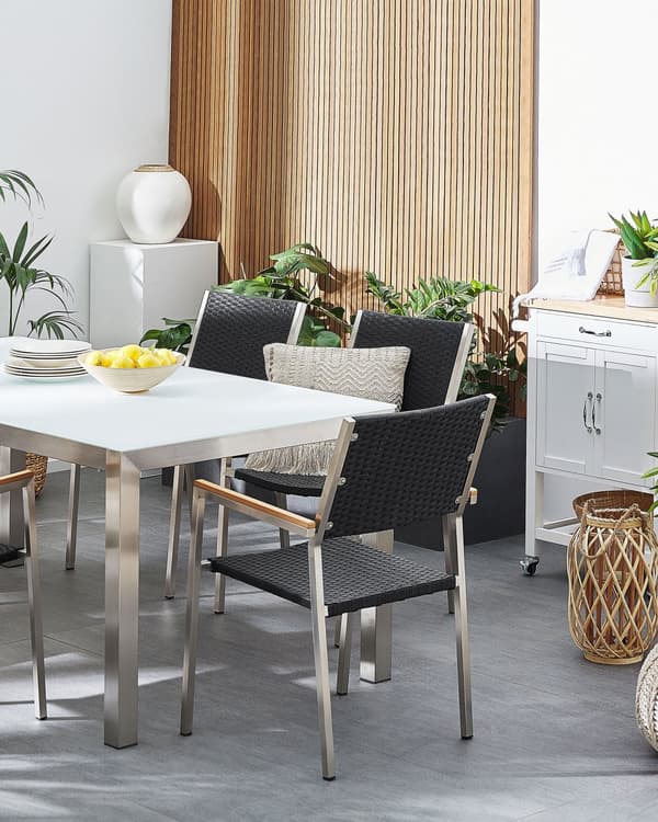 Sæt med 2 Havestole Sort Polyrattan Sæder Stel af Rustfrit Stål Moderne Design Modstandsdygtighed over for UV-stråler