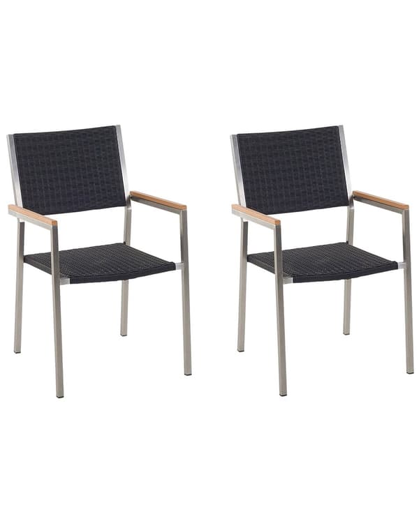 Sæt med 2 Havestole Sort Polyrattan Sæder Stel af Rustfrit Stål Moderne Design Modstandsdygtighed over for UV-stråler