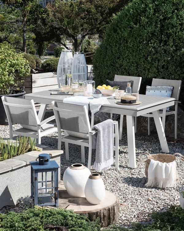 Havestole Grå Hvid Aluminium Træplast 4 stk Udendørs Stabelstole med Armlæn Vedligeholdelsesfri Nonwood til Terrasse Have Indretning Tilbehør