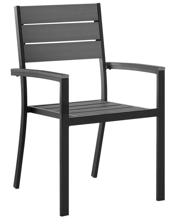 Havestole Grå Sort Træplast Aluminium Sæt 4 stk Stabelstole med Armlæn Lamelryg Vedligeholdelsesfri Havemøbler Nonwood Moderne Terrasse Have