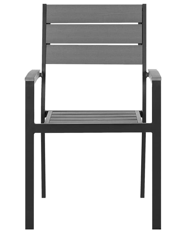 Havestole Grå Sort Træplast Aluminium Sæt 4 stk Stabelstole med Armlæn Lamelryg Vedligeholdelsesfri Havemøbler Nonwood Moderne Terrasse Have