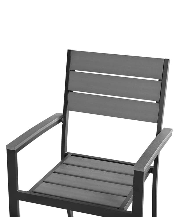 Havestole Grå Sort Træplast Aluminium Sæt 4 stk Stabelstole med Armlæn Lamelryg Vedligeholdelsesfri Havemøbler Nonwood Moderne Terrasse Have