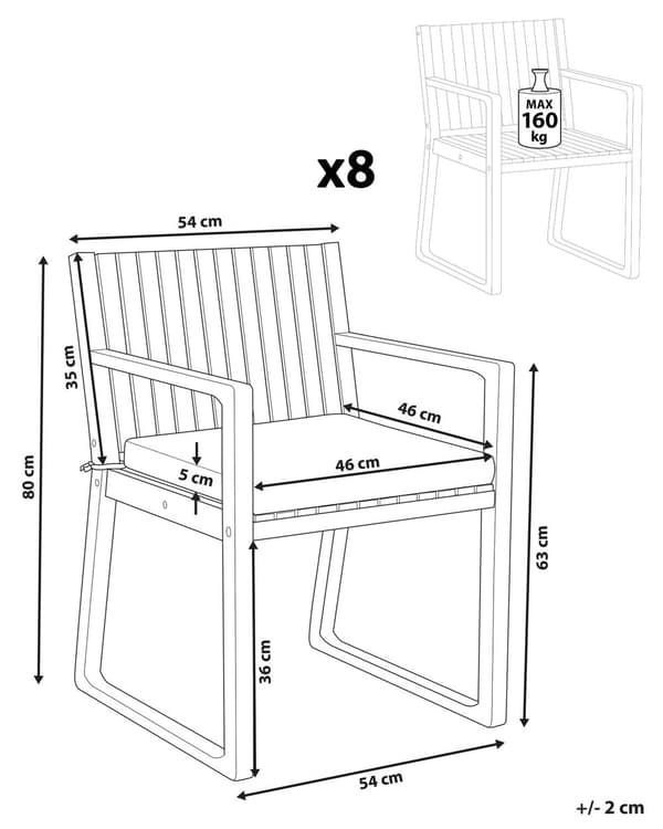 Puutarhatuoli vaalea 54 x 80 x 59 cm akaasia 8 kpl harmaa pehmuste nauhat irrotettava hylkivä
