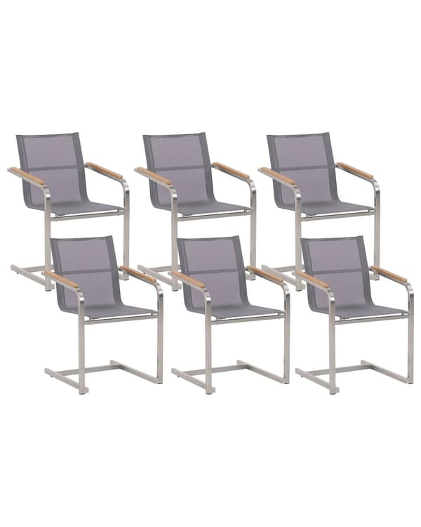 Havestole Grå Polyester og Sølv Rustfrit Stål 6 stk 85 x 55 x 56 cm Dekorative Frisvingerstole med Armlæn til Udendørs Havebord Terrasse Altan