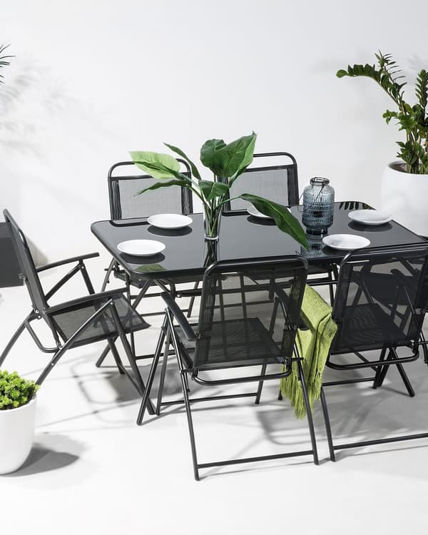 Havestole Sæt Sort Metal Stof Foldesæde Industriel Stil Balkon Terrasse