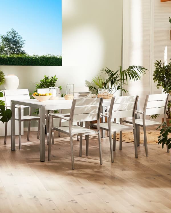 Havemøbelsæt hvid træplast 180 cm havebord 6 stole Havebord havestol Industriel Moderne Design Sæt Udendørs Møbler