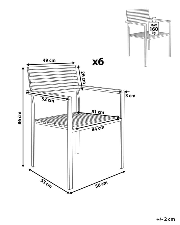 Sæt med 6 udendørs stole lys teak aluminium 86 x 56 cm modstandsdygtig over for vejrforhold