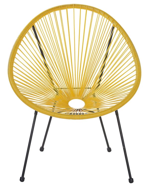 Havestol Gul Rattan med Sort Pulverlakeret Stålben 70 x 90 cm Udendørs Altan Stabelbar Hvile Lounge med Dupper Retro Rundt Flet Moderne Design