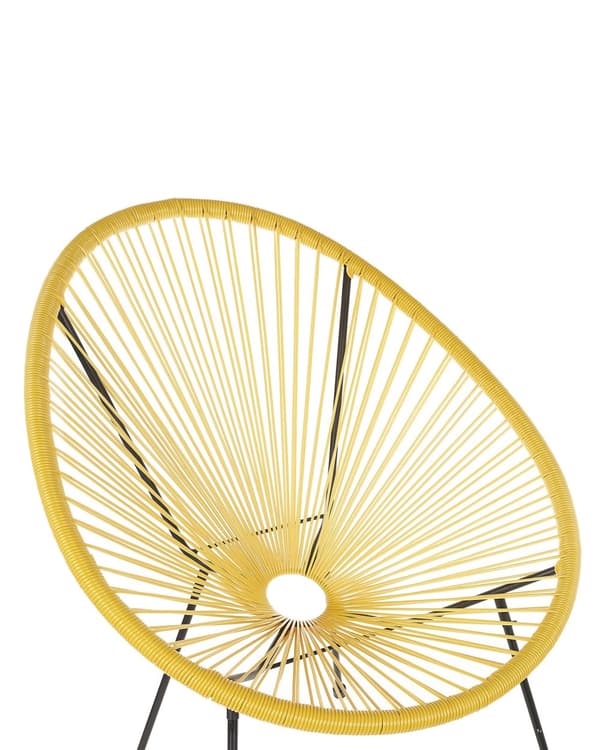 Havestol Gul Rattan med Sort Pulverlakeret Stålben 70 x 90 cm Udendørs Altan Stabelbar Hvile Lounge med Dupper Retro Rundt Flet Moderne Design