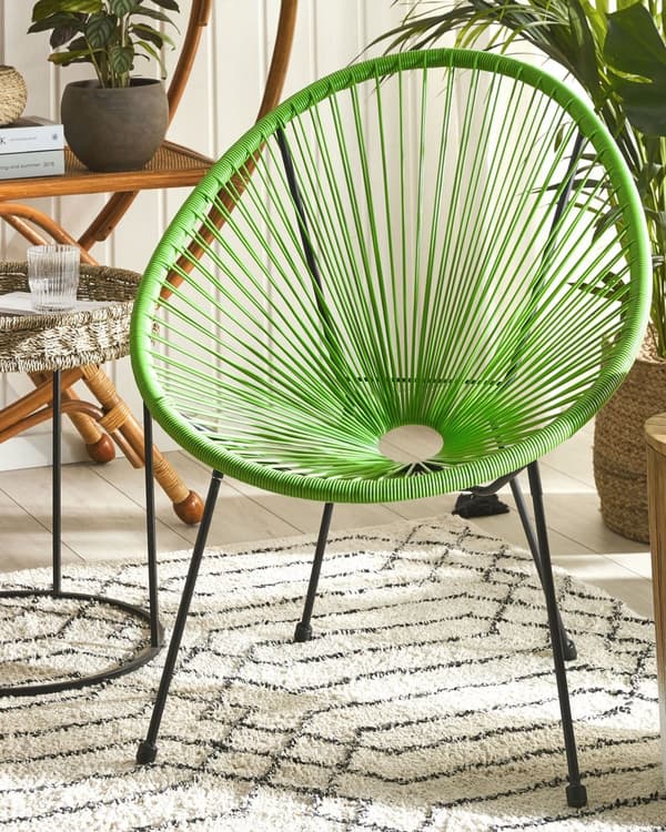 Havestol Grøn Rattan Sort Pulverlakeret Stålben 70 x 90 cm Udendørs Altan Stabelbar Hvile Lounge med Dupper Retro Rundt Flet Moderne Design