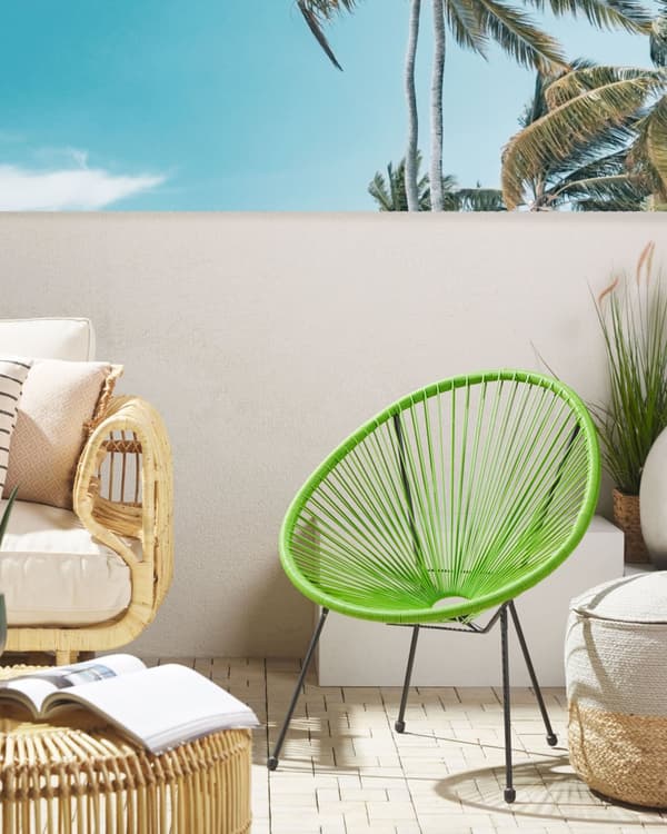 Havestol Grøn Rattan Sort Pulverlakeret Stålben 70 x 90 cm Udendørs Altan Stabelbar Hvile Lounge med Dupper Retro Rundt Flet Moderne Design