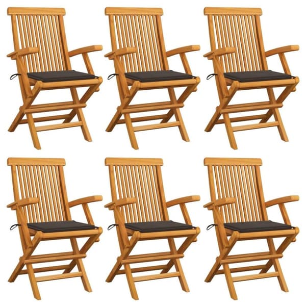 vidaXL havestole med gråbrune hynder 6 stk. massivt teaktræ
