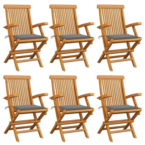 vidaXL Trädgårdsstolar med gråa dynor 6 st massiv teak