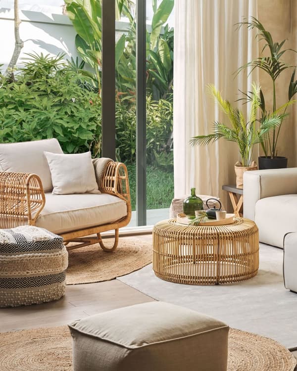 Nojatuoli luonnollinen/beige rottinki ulos puuvilla pehmusteet boho tyyli