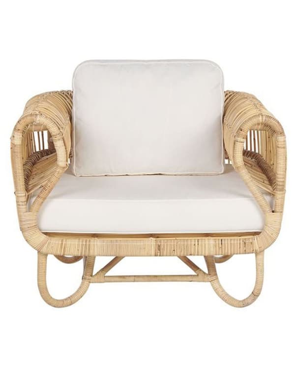 Nojatuoli luonnollinen/beige rottinki ulos puuvilla pehmusteet boho tyyli