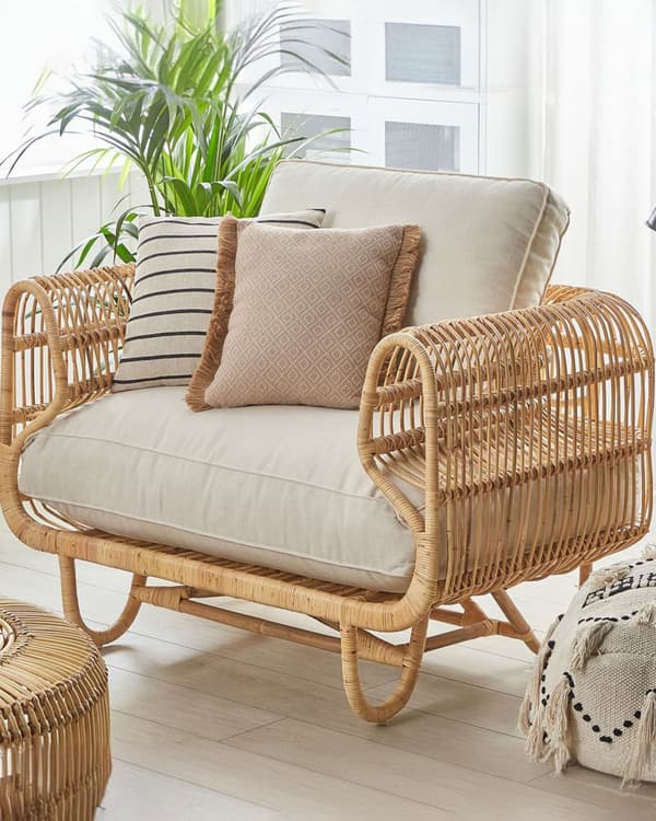 Nojatuoli luonnollinen/beige rottinki ulos puuvilla pehmusteet boho tyyli