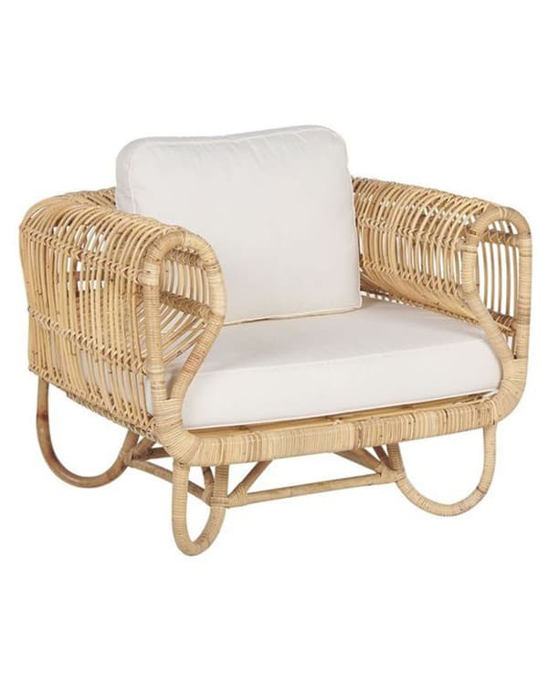 Nojatuoli luonnollinen/beige rottinki ulos puuvilla pehmusteet boho tyyli