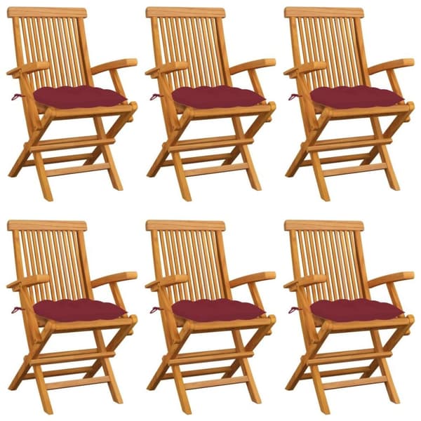 vidaXL Trädgårdsstolar med vinröda dynor 6 st massiv teak