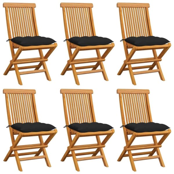 vidaXL Trädgårdsstolar 6 st med svarta dynor massiv teak