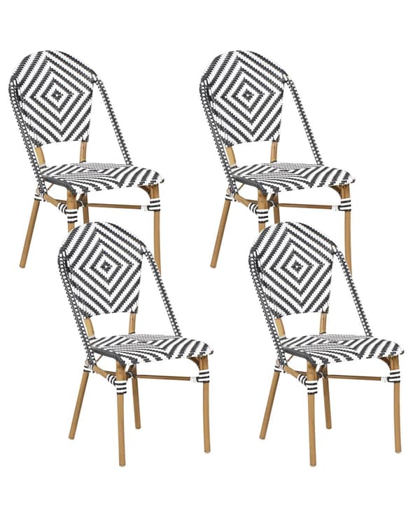 Havestole Natur Beige Sort hvid PE Rattan Sæt 4 stk Stabelstole med Armlæn Stole til Udendørs Terrasse Have Indretning Retro Firkantet Mønster