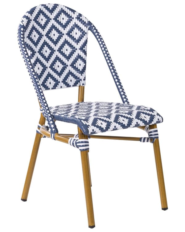 Havestole Natur Beige Blå Hvid PE Rattan Sæt 4 stk Stabelstole med Armlæn Stole til Udendørs Terrasse Have Indretning Retro Firkantet Mønster
